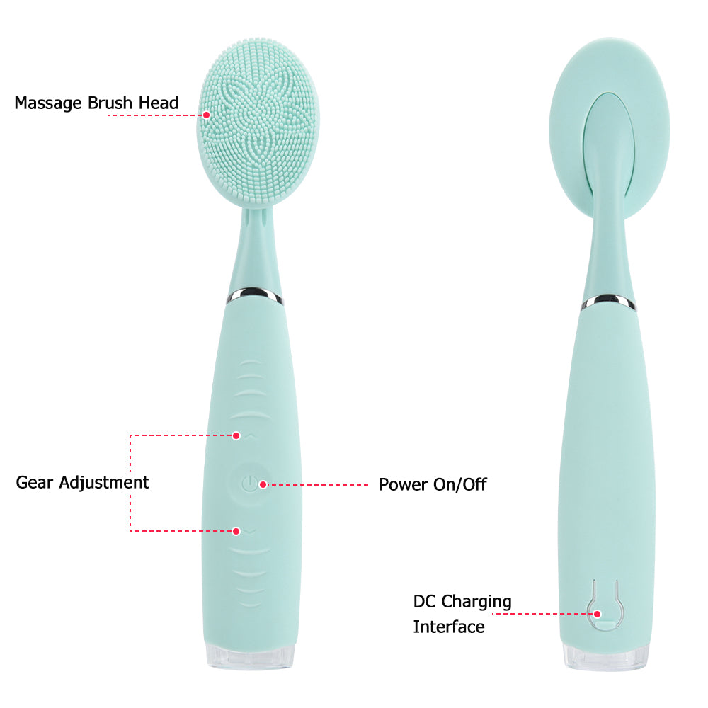 Brush head, intensity buttons, power button and charging port