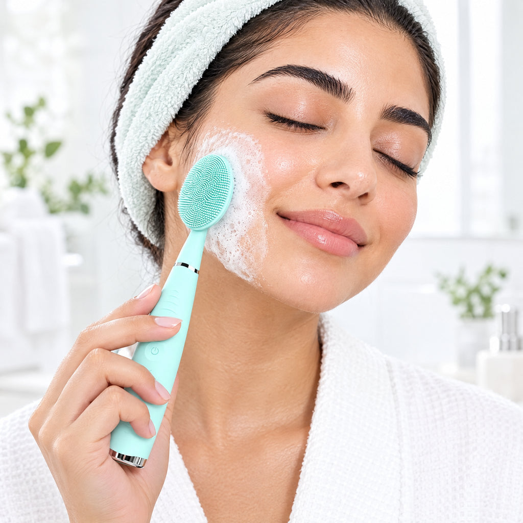 Woman using the sonic facial cleansing brush with cleanser