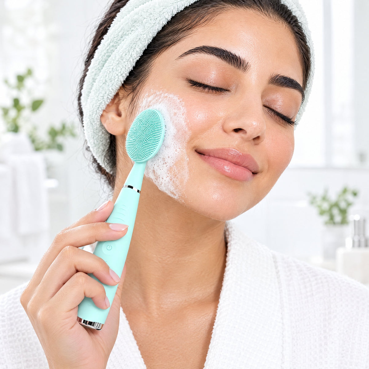 Woman using the sonic facial cleansing brush with cleanser
