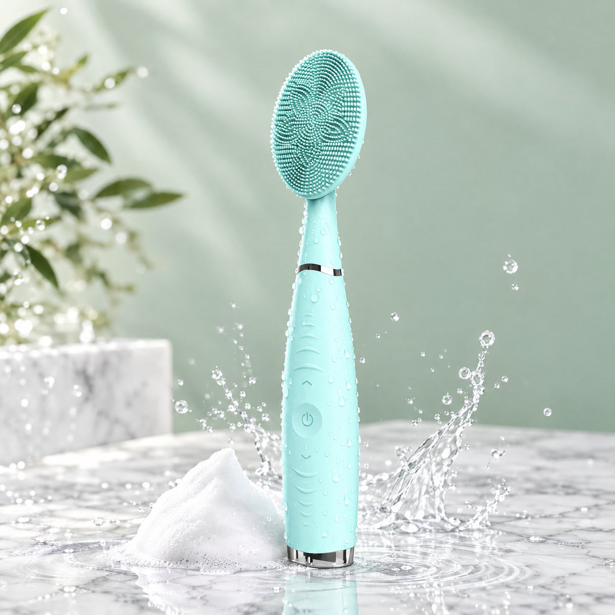 Mova Glow sonic facial cleansing brush in mint on marble