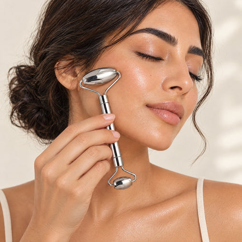 Woman gliding the stainless steel face roller along her cheek