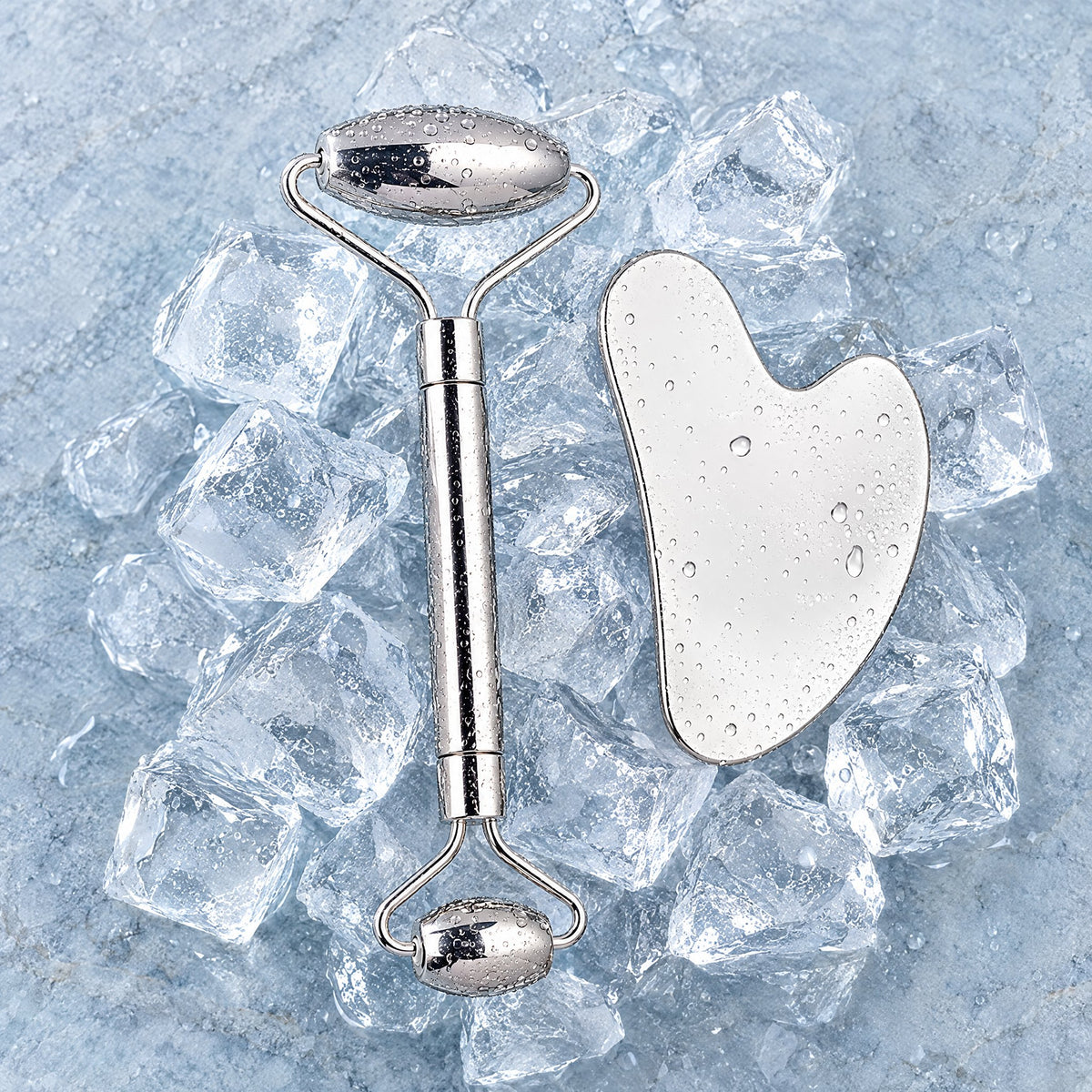 Chilled stainless steel face roller and gua sha board