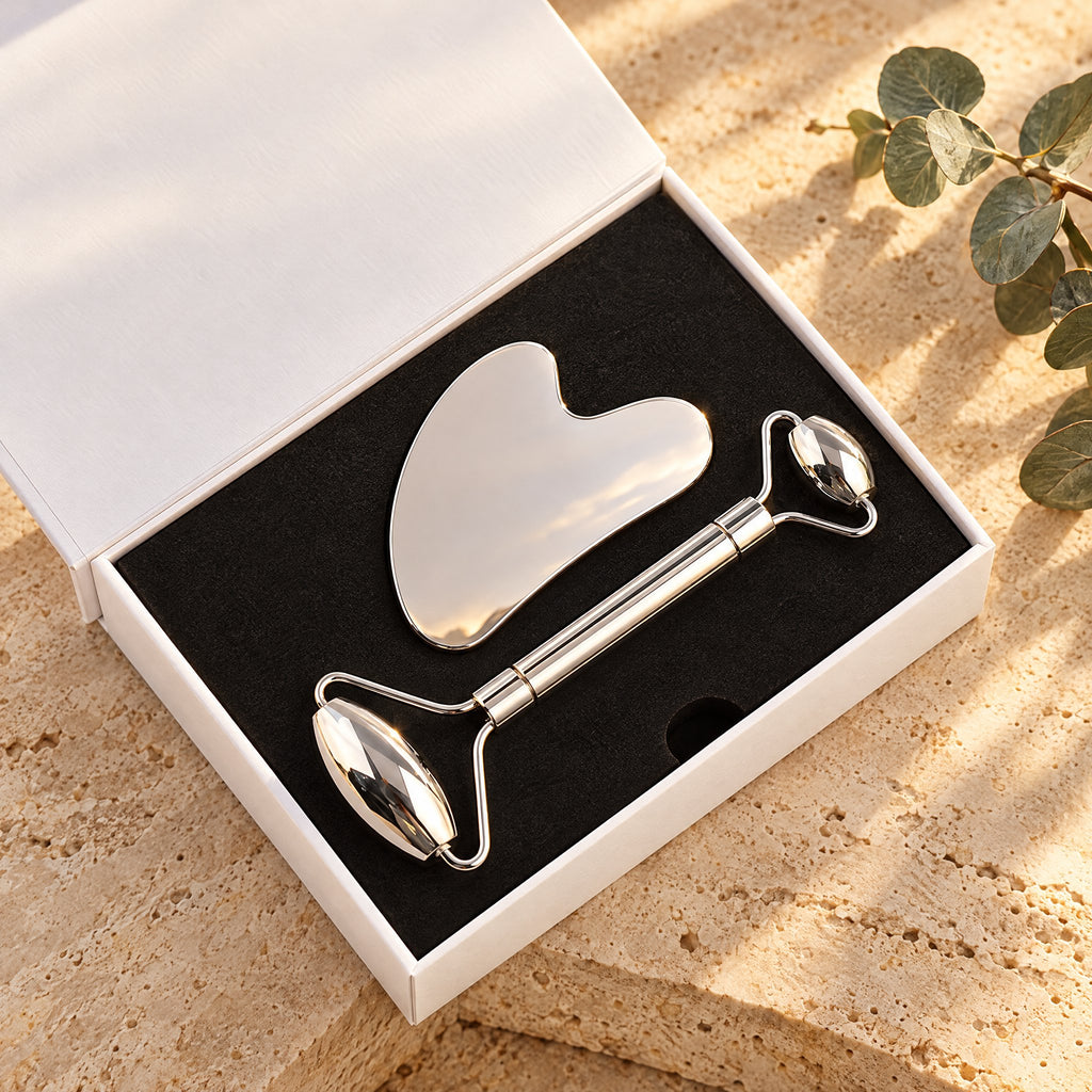 Stainless steel face roller and gua sha board in their gift box